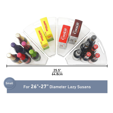 Four Pack 26 Inch Lazy Susan Organizer Bins for Corner Kitchen Cabinets Durable BPA Free Plastic with Handle Wedge One Eighth Inch Food Safe Storage Containers for Cabinets and Countertops