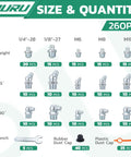 260-Piece Grease Fittings Kit For Grease Gun With SAE And Metric Zerk Fittings, Straight 45 Degree And 90 Degree Angles