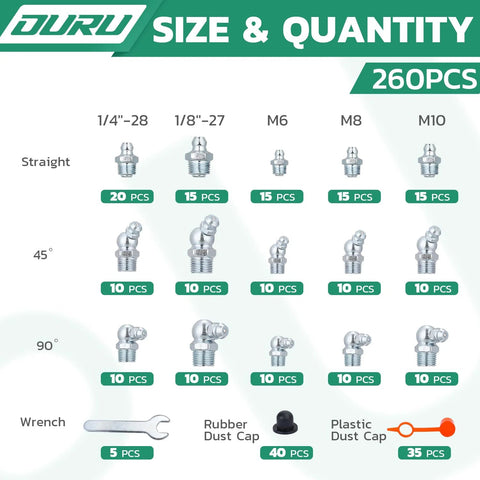 260-Piece Grease Fittings Kit For Grease Gun With SAE And Metric Zerk Fittings, Straight 45 Degree And 90 Degree Angles