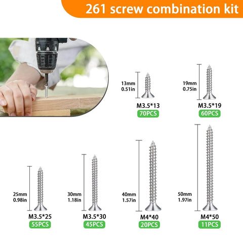 261pcs 304 Stainless Steel Wood Screws Assortment Kit in 6 Sizes, Phillips Flat Head Screws M3.5 and M4 for DIY Projects