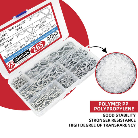 265 Piece R Shaped Cotter Pins Fastener Set For Automotive Marine Tractors with 7 sizes in plastic organizer by AIMUNOK
