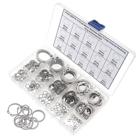 265 Piece Metric Stainless Steel C Clips External Retaining Ring Assortment Kit Includes 15 Sizes With Nominal Diameters 4Mm Through 20Mm For Quick On Hand Fixes Circlips Retaining Rings Automotive Plumbing Machinery Repairs HVAZI