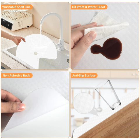 2 Pack 26 Inch Lazy Susan Shelf Liner in use showing non-adhesive, oil-proof features, and anti-slip surface for kitchen cabinets.
