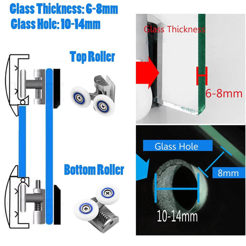 Diagram showing 26mm Shower Door Rollers 4PCS Double Twin Top and Bottom Replacement Wheels for Sliding Shower Doors, with glass thickness 6-8mm.