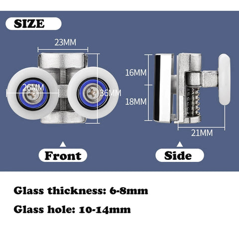 Front and side view of 26mm shower door rollers, 4PCS double twin top and bottom replacement wheels, for sliding shower doors, dimensions labeled.