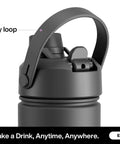Close-up of 26 oz insulated stainless steel water bottle lid with 2-in-1 straw and spout, featuring a carry loop.