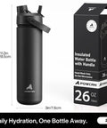 26 oz insulated stainless steel water bottle with a 2‑in‑1 straw and spout lid keeps beverages cold up to 24 hours or hot up to 12, shown with packaging.