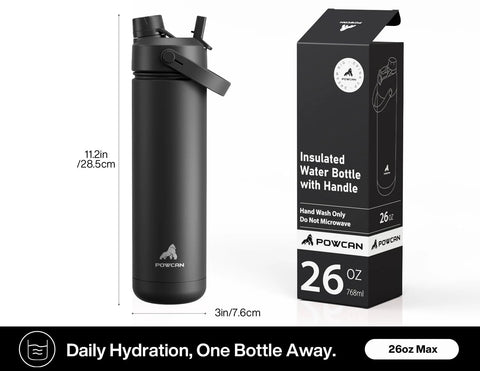 26 oz insulated stainless steel water bottle with a 2‑in‑1 straw and spout lid keeps beverages cold up to 24 hours or hot up to 12, shown with packaging.