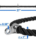 Close-up of Tricep Rope Attachment For Gym Machines 27 Inch Nylon Braided Rope With Stainless Steel Carabiner and Chrome Plated Connector.