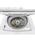 Compact 27 inch unitized washer and electric dryer in one space-saving cabinet with 3.8 cu ft top-load washer open view