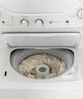 Compact 27 inch unitized washer and electric dryer in one space-saving cabinet combines a 3.8 cu ft top-load washer