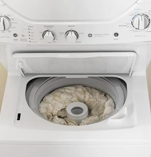 Compact 27 inch unitized washer and electric dryer in one space-saving cabinet combines a 3.8 cu ft top-load washer