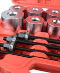 27 Piece Universal Press And Pull Sleeve Kit for bearing removal and installation in an orange case, showing spindles and metal sleeves