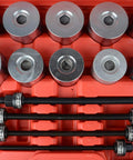 27 Piece Universal Press And Pull Sleeve Kit inside red case with metal sleeves and pulling spindles for bearing removal and installation
