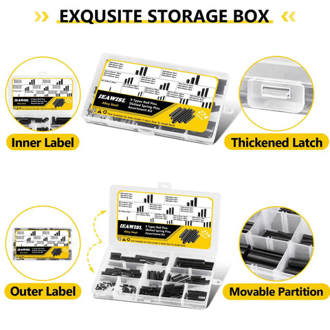 274 Piece Roll Pin Set Slotted Metric Pins 65Mn with storage box, labels, latch, and partition for home auto repair