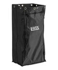 Front view of Lavex 24-gallon vinyl cleaning cart bag, black with zippered pocket and metal grommets