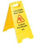 Caution Wet Floor Sign, Sam, yellow plastic 24-inch A-frame.