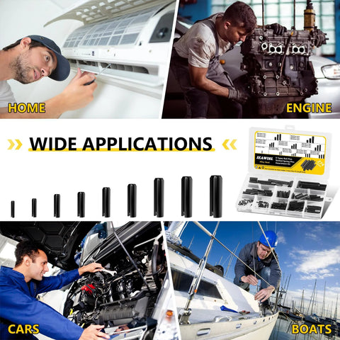 Collage of images showing a 274 Piece Roll Pin Set Slotted Metric Pins 65Mn Steel M1.5 M2 M2.5 M3 M3.5 M4 M5 M6 M8 For Home Auto Repair and applications in home, engine, cars, and boats