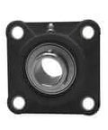 Front view of Single 35mm Bore 4-Bolt Flange Block Bearing with Stainless Steel Set Screw Locking Insert, Black Plastic Housing.