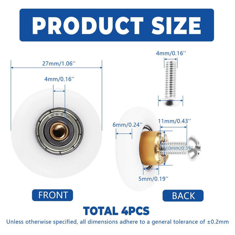 27mm Shower Door Rollers Replacement Set with dimensions and 304 stainless steel runners, showing front and back of track wheels