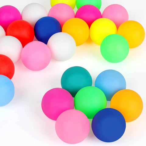 28 Pcs Colored Ping Pong Balls, 40mm Table Tennis Balls, vibrant colors for games, arts, and pet toys, scattered view.