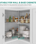 28 Inch Kidney Shaped Chrome Pie Cut Lazy Susan Corner Organizer For Kitchen Base Cabinets With 270 Degree Rotation And Telescoping Mount Two Shelf Blind Corner Storage For Pots Pans Lids And Containers shown installed in cabinet