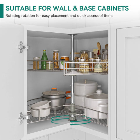 28 Inch Kidney Shaped Chrome Pie Cut Lazy Susan Corner Organizer For Kitchen Base Cabinets With 270 Degree Rotation And Telescoping Mount Two Shelf Blind Corner Storage For Pots Pans Lids And Containers shown installed in cabinet