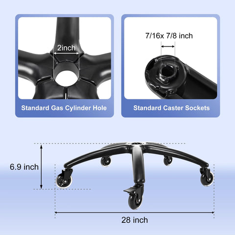 28 Inch Office Chair Base Replacement Part With Metal Base Wide Legs And Bottom Plate Stand Cylinder Two Wheels With Brakes For Stable Support