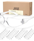 28 Pack Unisex Safety Glasses With Impact Resistant Lenses ANSI Z87.1 Certified, shown with packaging and individual glasses spread out