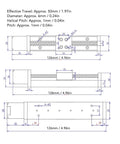 Technical diagram of 28 Stepper Motor Mini Linear Rail Slide Actuator, 50mm Stroke, X Y Z Stage with T Screw Rod, DIY CNC Router Parts.