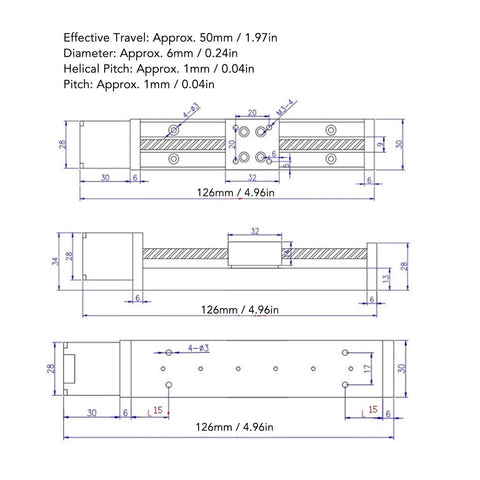 Technical diagram of 28 Stepper Motor Mini Linear Rail Slide Actuator, 50mm Stroke, X Y Z Stage with T Screw Rod, DIY CNC Router Parts.