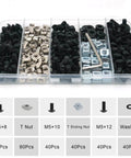 280 Pcs M5 T-Nut and Screw Kit for 2020 Series Aluminum Extrusion, showing black screws, nuts, and washers in organizer box.