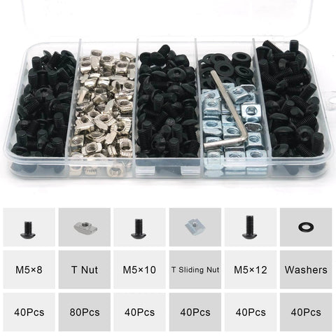 280 Pcs M5 T-Nut and Screw Kit for 2020 Series Aluminum Extrusion, showing black screws, nuts, and washers in organizer box.