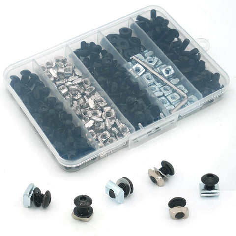 280 Pcs M5 T-Nut and Screw Kit for 2020 Series Aluminum Extrusion, featuring black T-nuts and metal screws in a storage case.