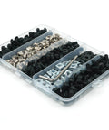 280 Pcs M5 T-Nut and Screw Kit for 2020 Series Aluminum Extrusion in a divided storage case, featuring black and silver hardware.