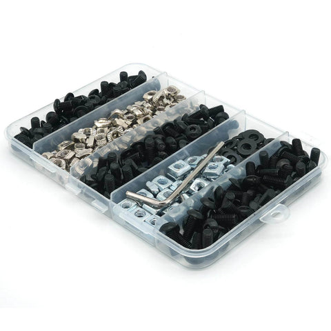 280 Pcs M5 T-Nut and Screw Kit for 2020 Series Aluminum Extrusion in a divided storage case, featuring black and silver hardware.