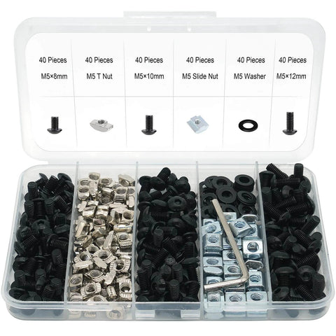 280 Pcs M5 T-Nut and Screw Kit for 2020 Series Aluminum Extrusion, carbon steel 6mm T-slot, including screws and nuts.