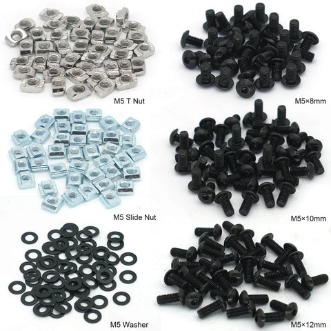 280 Pcs M5 T-Nut and Screw Kit for 2020 Series Aluminum Extrusion including M5 T nuts, screws, and washers arranged by size.