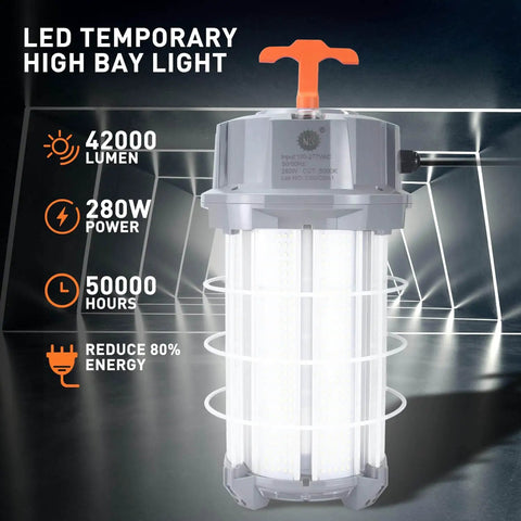 Ultra Bright 280W LED Temporary Work Light for Job Sites, showing portable design with 42000LM output and waterproof casing.
