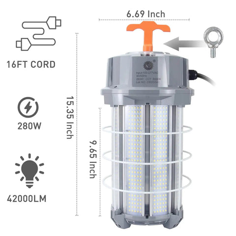 Ultra Bright 280W LED Temporary Work Light for Job Sites, Portable Hanging Construction Light, Linkable 5000K 42,000LM Waterproof