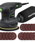 280W Orbital Sander 13000 RPM With Dust Collection And 15 Discs, black ergonomic design with dust bag and sanding discs display.