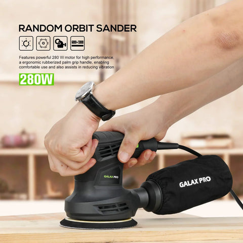 280W Orbital Sander 13000 RPM With Dust Collection And 15 Discs in use, showing ergonomic grip and dust bag attachment.