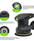280W Orbital Sander 13000 RPM With Dust Collection And 15 Discs showing dustproof switch and heat emission feature