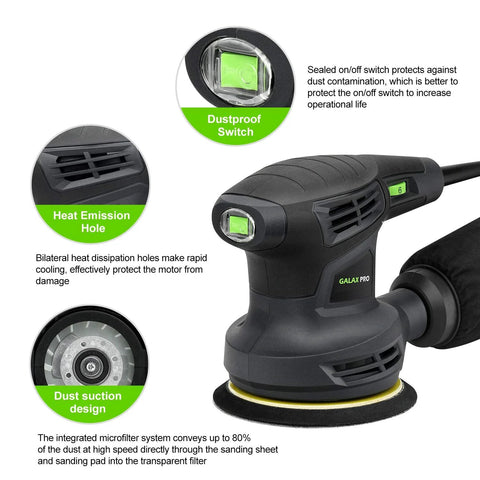 280W Orbital Sander 13000 RPM With Dust Collection And 15 Discs showing dustproof switch and heat emission feature