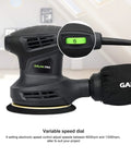 280W Orbital Sander 13000 RPM with variable speed dial and dust collection bag, close-up view