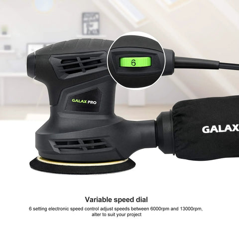 280W Orbital Sander 13000 RPM with variable speed dial and dust collection bag, close-up view