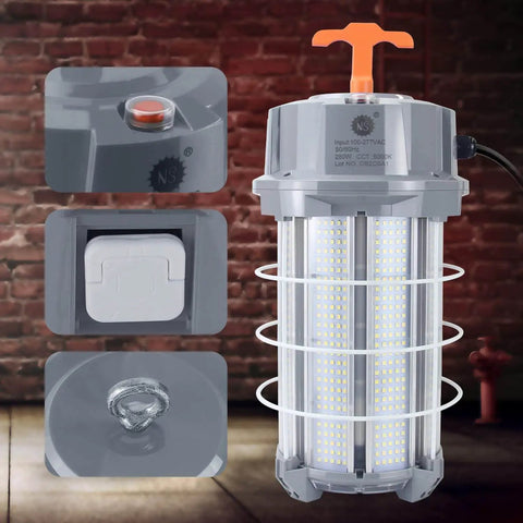 Ultra Bright 280W LED Temporary Work Light for Job Sites with close-up details of buttons, hook, and LED display