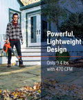 Man using Powerful 28cc Gas Leaf Blower With 1.1 HP Two Cycle Engine, 470 CFM Air Volume And 170 MPH Air Velocity in yard