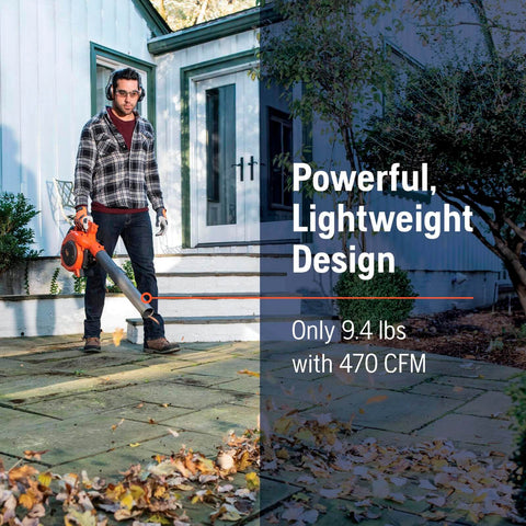 Man using Powerful 28cc Gas Leaf Blower With 1.1 HP Two Cycle Engine, 470 CFM Air Volume And 170 MPH Air Velocity in yard