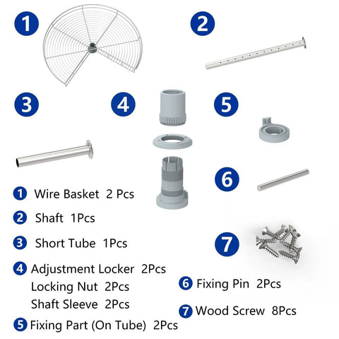 Components of 28 Inch Lazy Susan Cabinet Organizer for Blind Corner Cabinet with Kidney Shape Rotating Tray, including wire basket and screws.